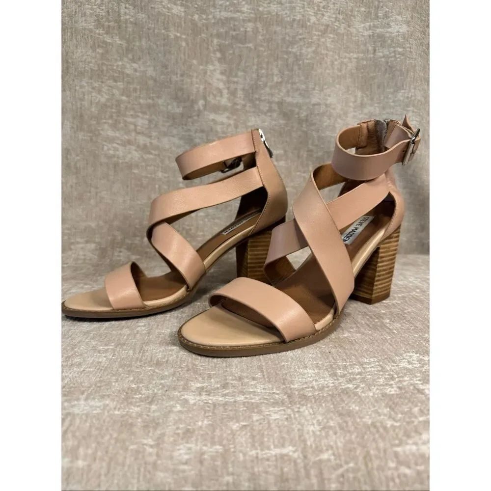 Steve Madden Women's Elita Leather Stacked Heel Strappy Sandals Natural Size 8.5